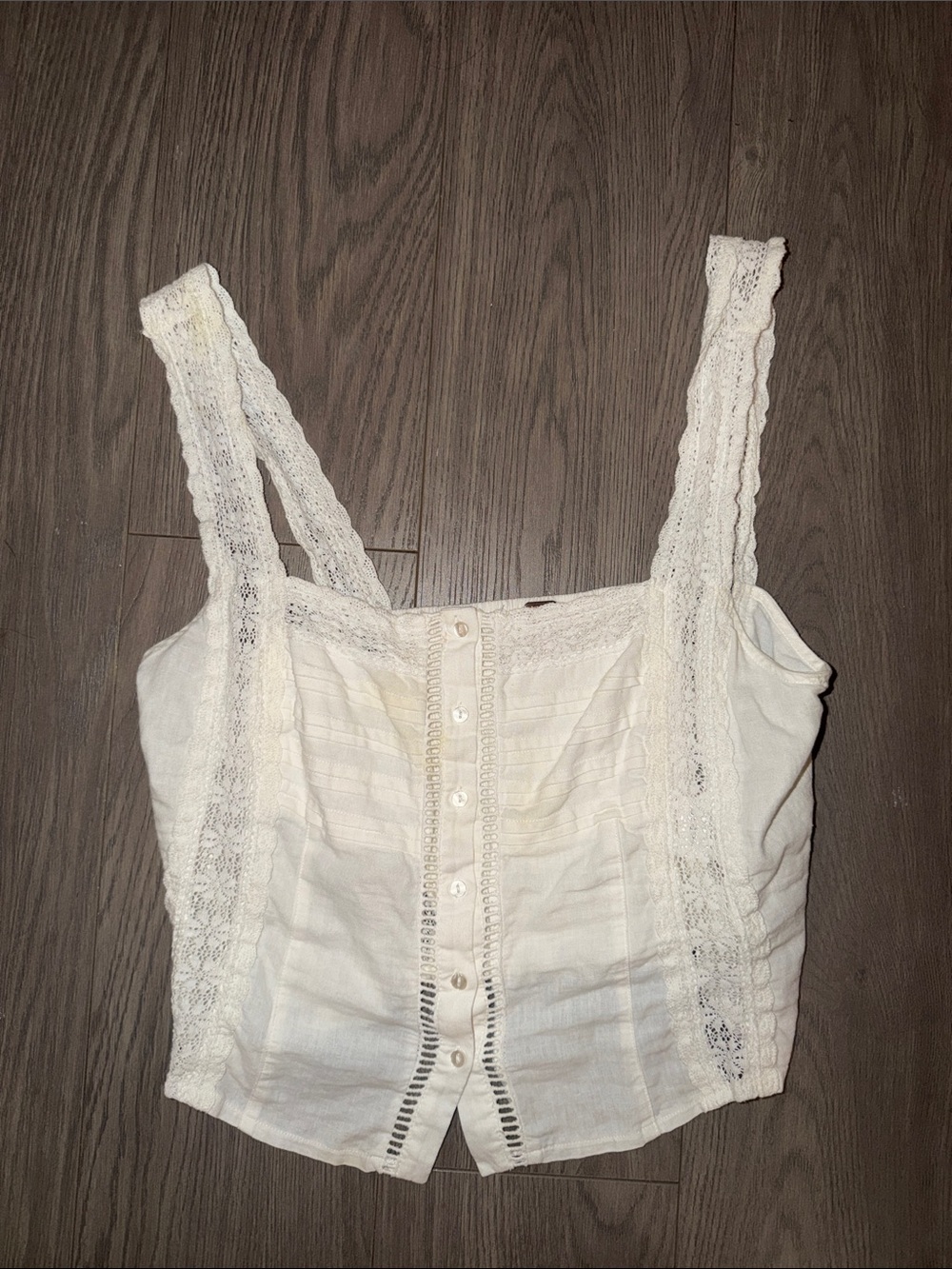 Free People White Lace-Trim Button Front Tank Top